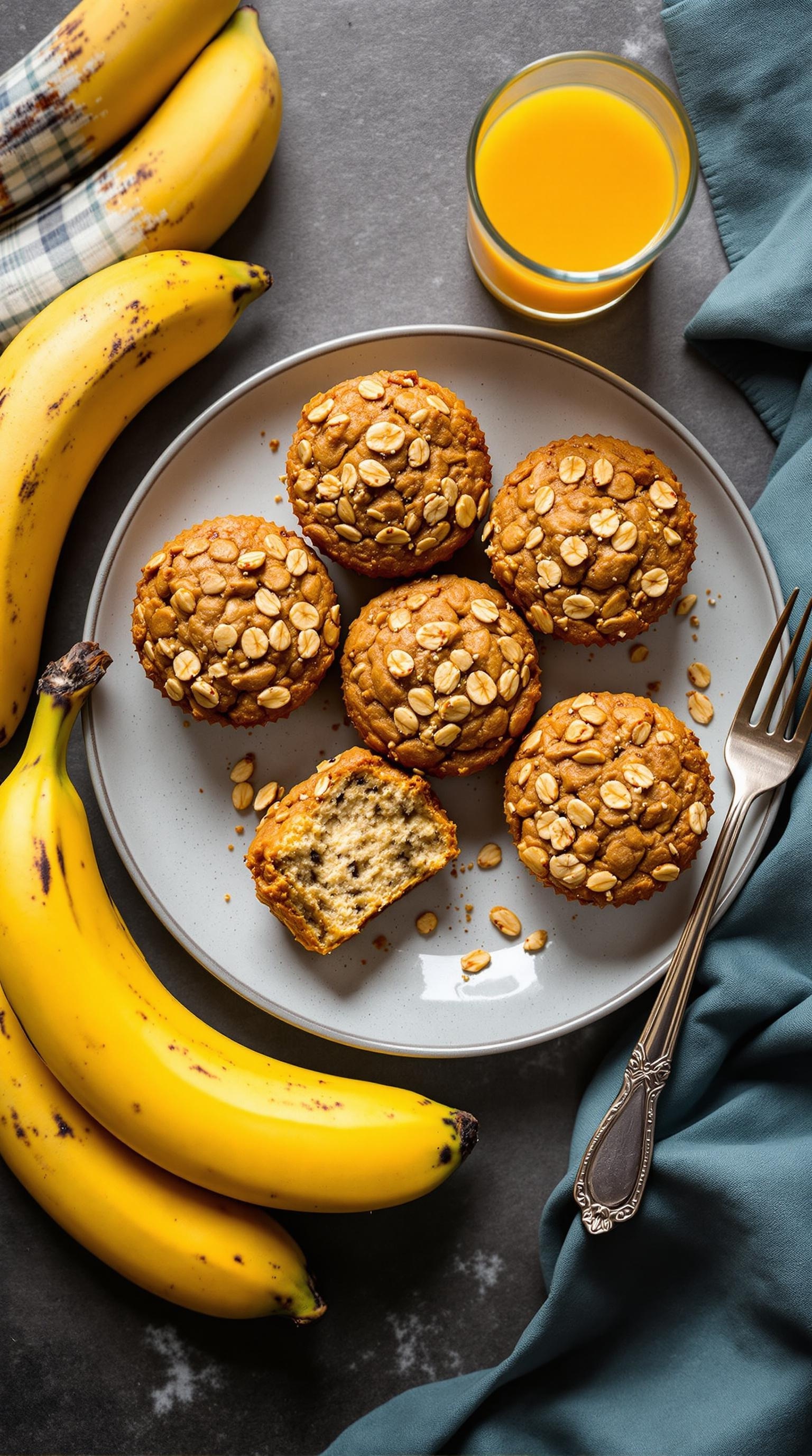 A plate of banana oatmeal muffins with fresh bananas and a glass of orange juice