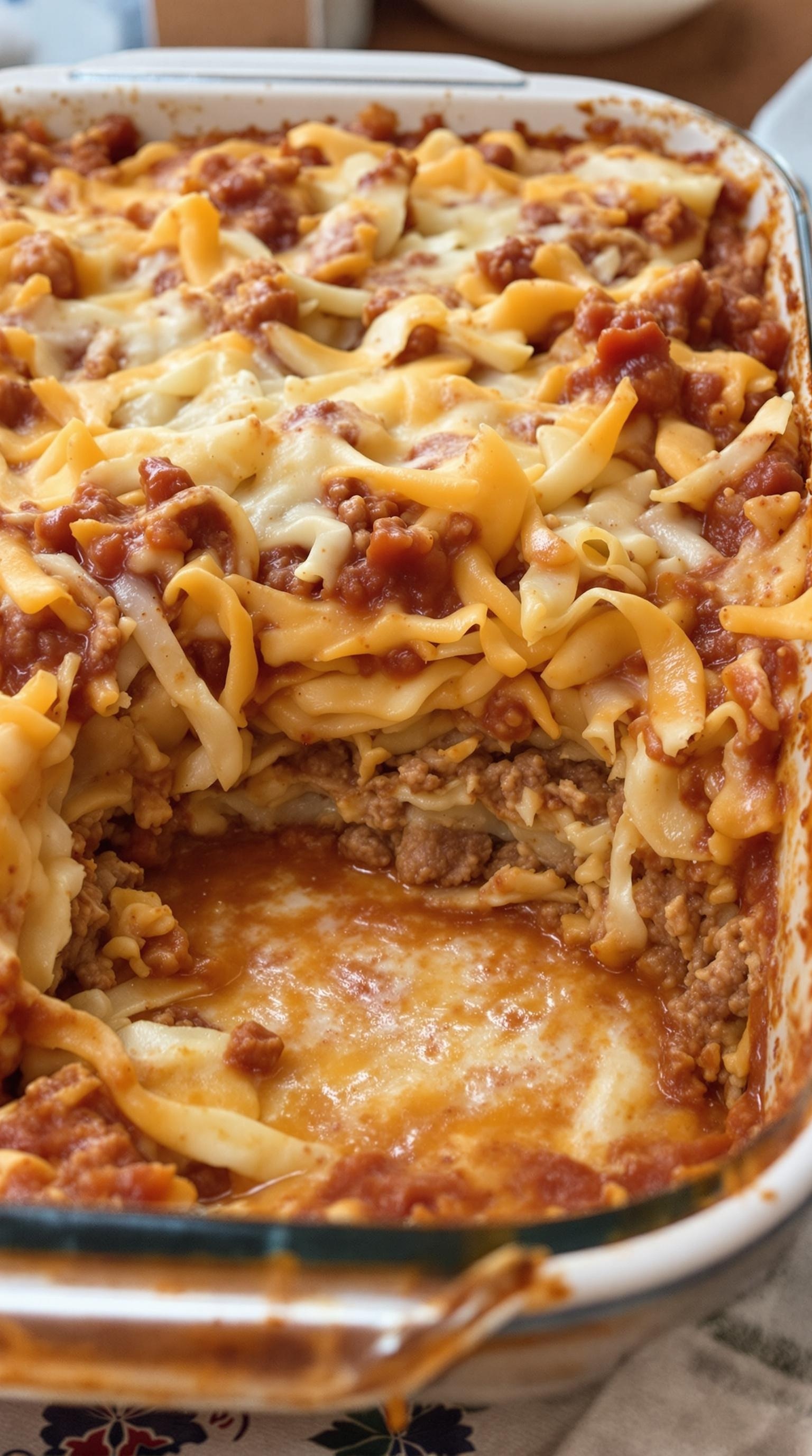 A delicious beef and cabbage roll casserole with layers of noodles, ground beef, tomato sauce, and melted cheese.