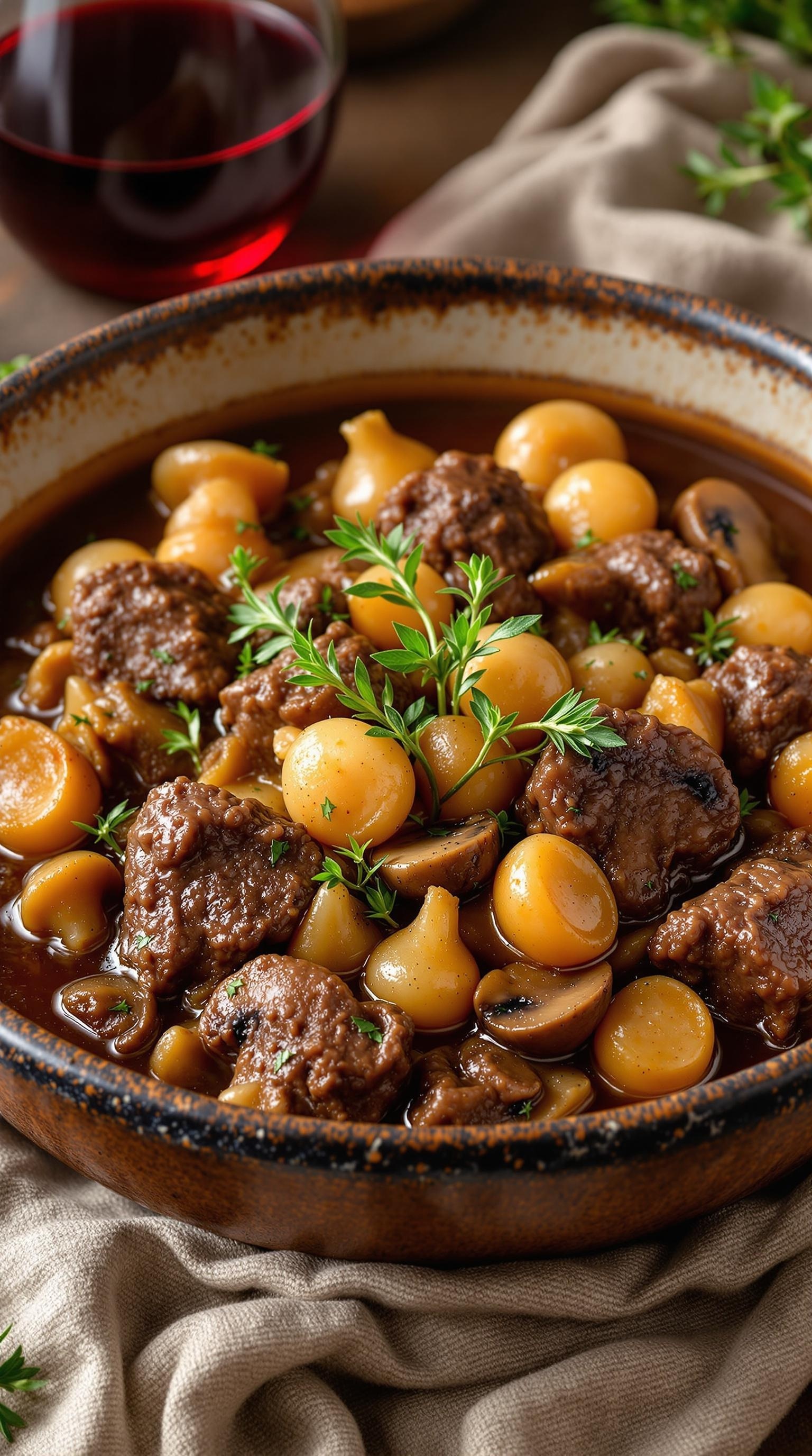 A bowl of Beef Bourguignon with pearl onions and mushrooms, garnished with fresh herbs, alongside a glass of red wine.
