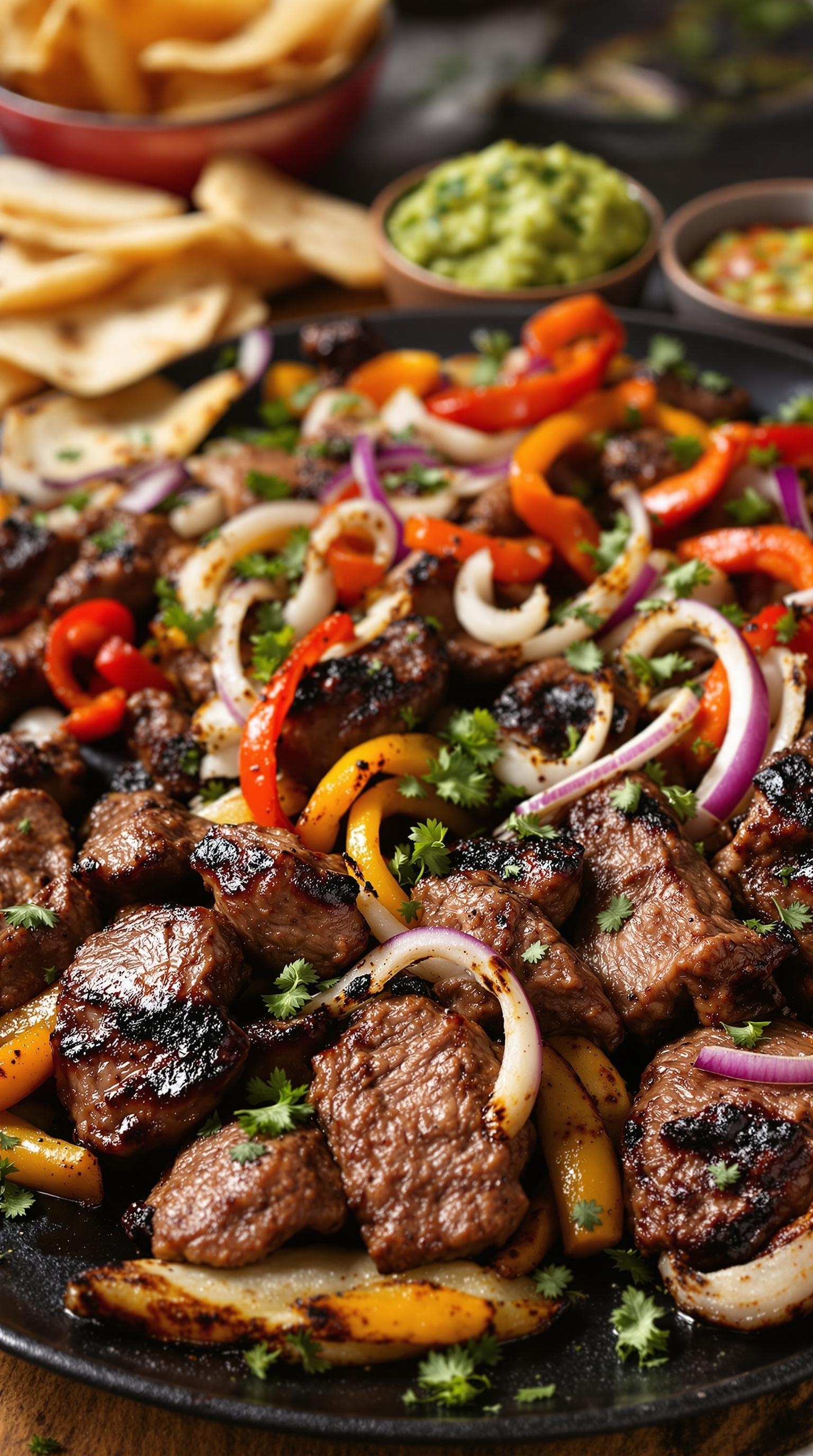 A colorful plate of beef fajitas with grilled vegetables and garnishes.