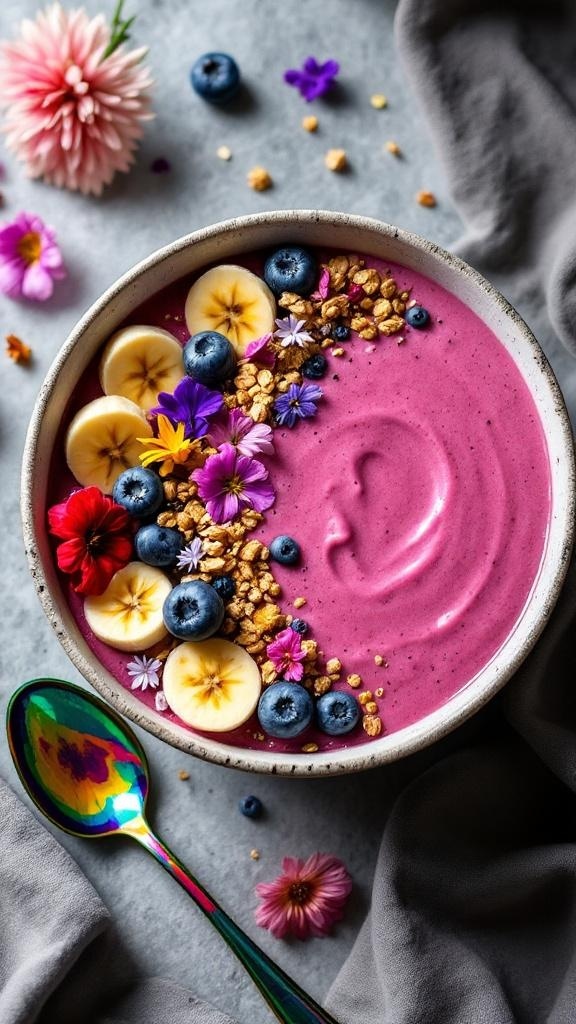 A colorful berry smoothie bowl topped with banana slices, blueberries, granola, and edible flowers.