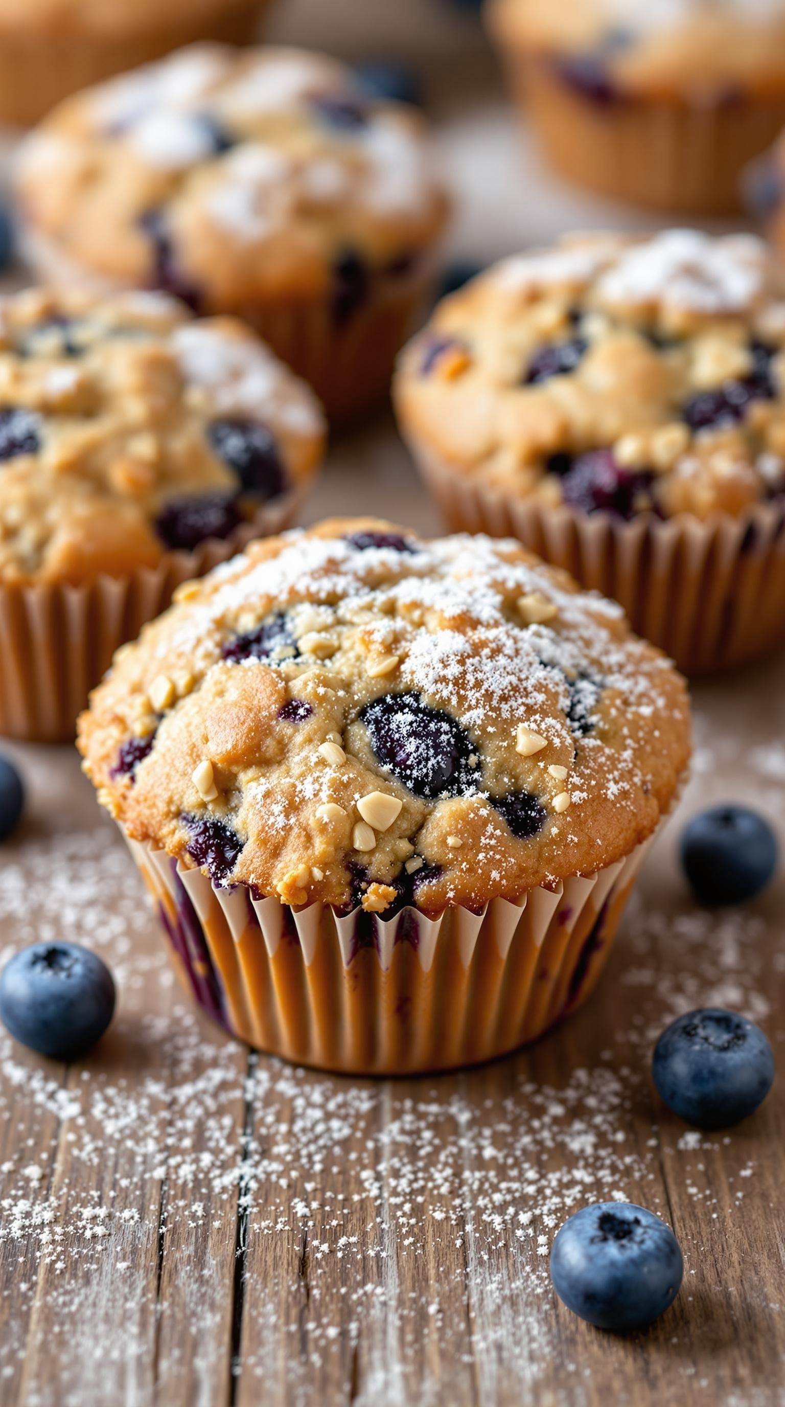 Delicious blueberry oatmeal muffins topped with powdered sugar on a wooden table.