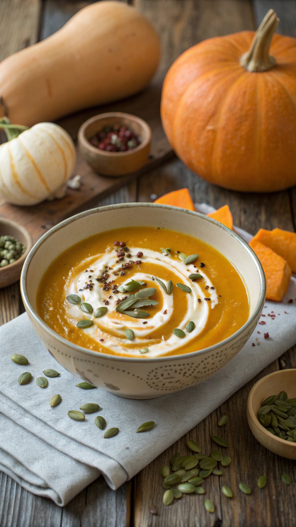 A bowl of creamy butternut squash soup garnished with pumpkin seeds and a swirl of cream, surrounded by fresh butternut squash and decorative pumpkins.