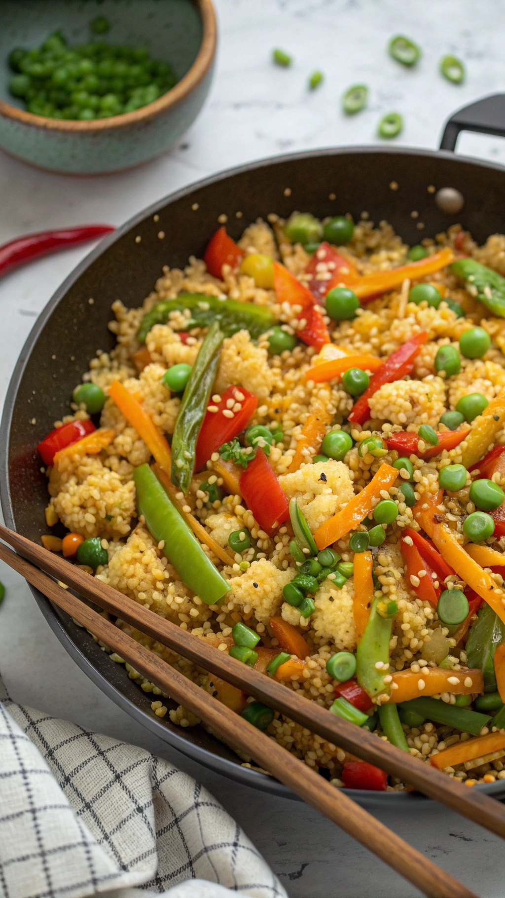 A colorful cauliflower rice stir-fry with bell peppers, snap peas, and green peas in a skillet.