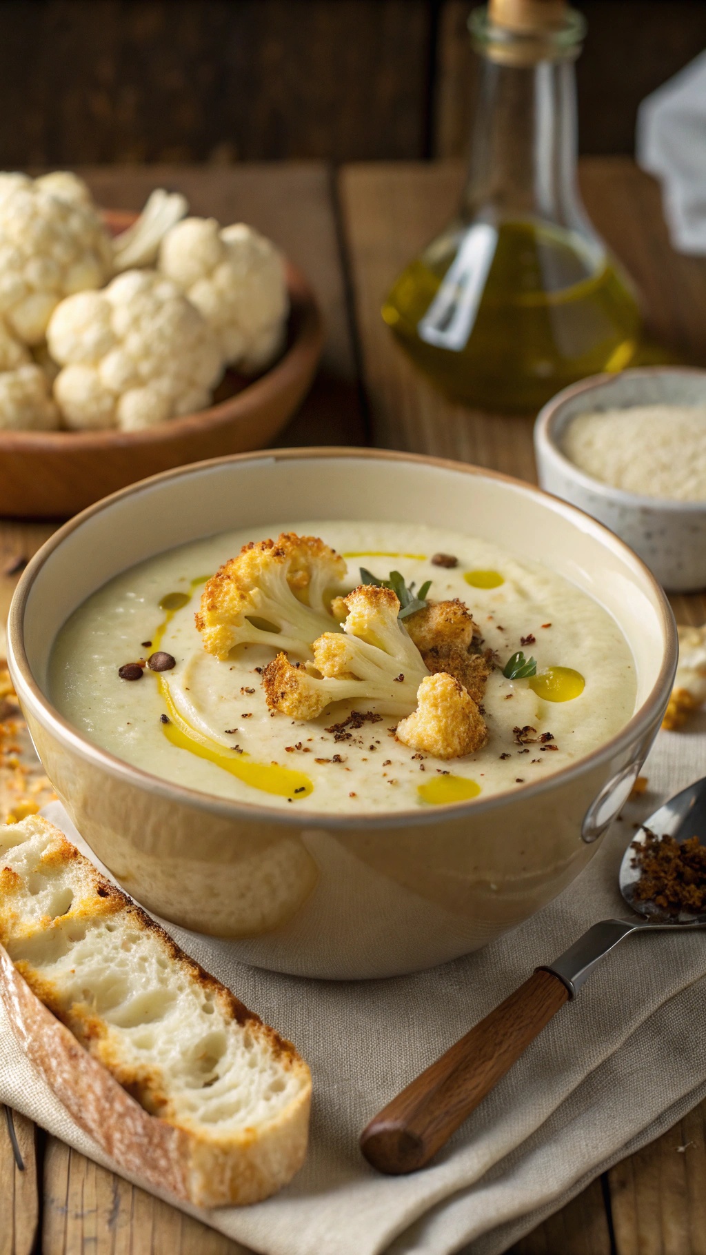 A bowl of creamy cauliflower soup topped with roasted cauliflower florets and olive oil, accompanied by crusty bread.