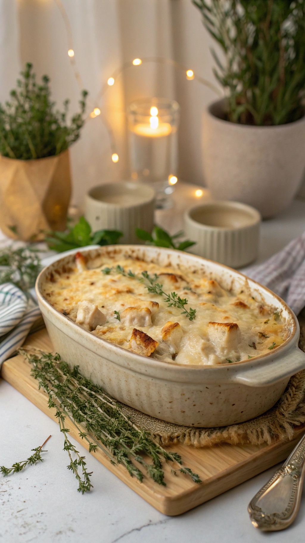 A delicious chicken and rice casserole baked to perfection, garnished with herbs and served in a rustic dish.