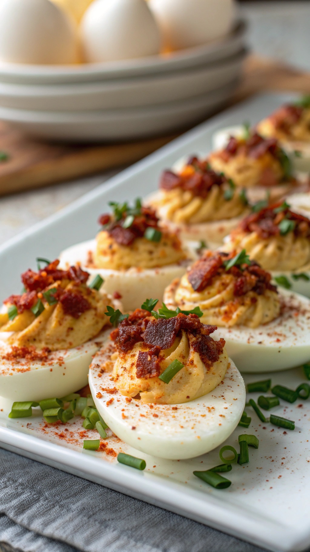 A platter of deviled eggs topped with bacon bits and herbs