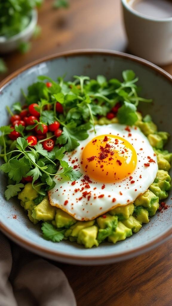 A colorful egg and avocado breakfast bowl with fresh herbs and cherry tomatoes.