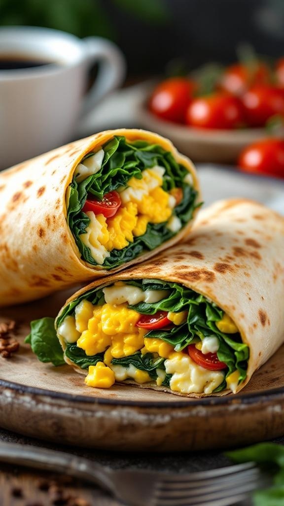 Egg and spinach breakfast wrap on a wooden plate with cherry tomatoes and a cup of coffee in the background.