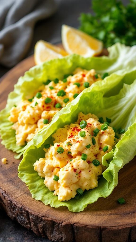 Egg salad lettuce wraps with green onions and paprika on a wooden board