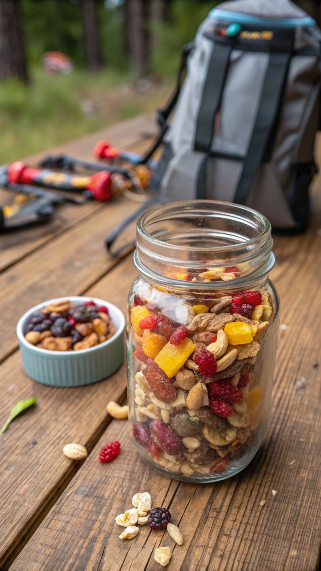 A jar filled with colorful fruit and nut trail mix on a wooden table.