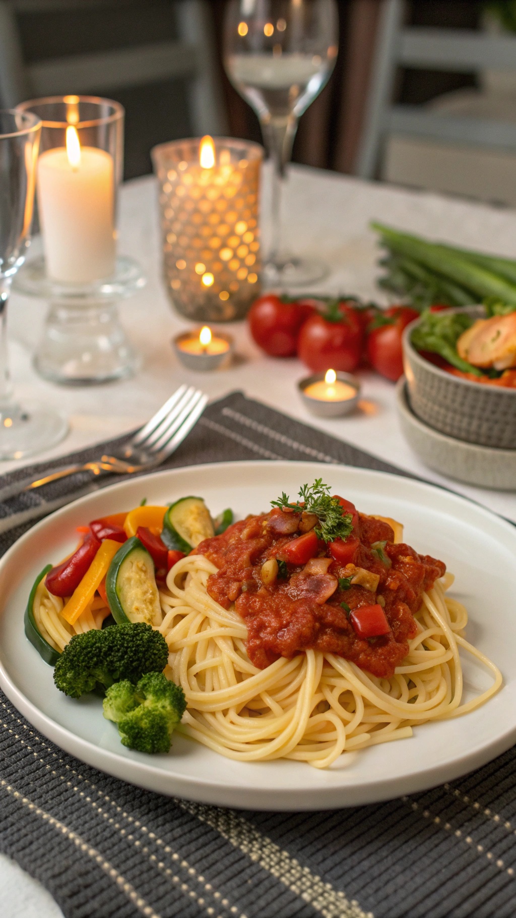 A plate of gluten-free spaghetti topped with marinara sauce and a side of colorful sautéed vegetables, set in a cozy dining atmosphere.