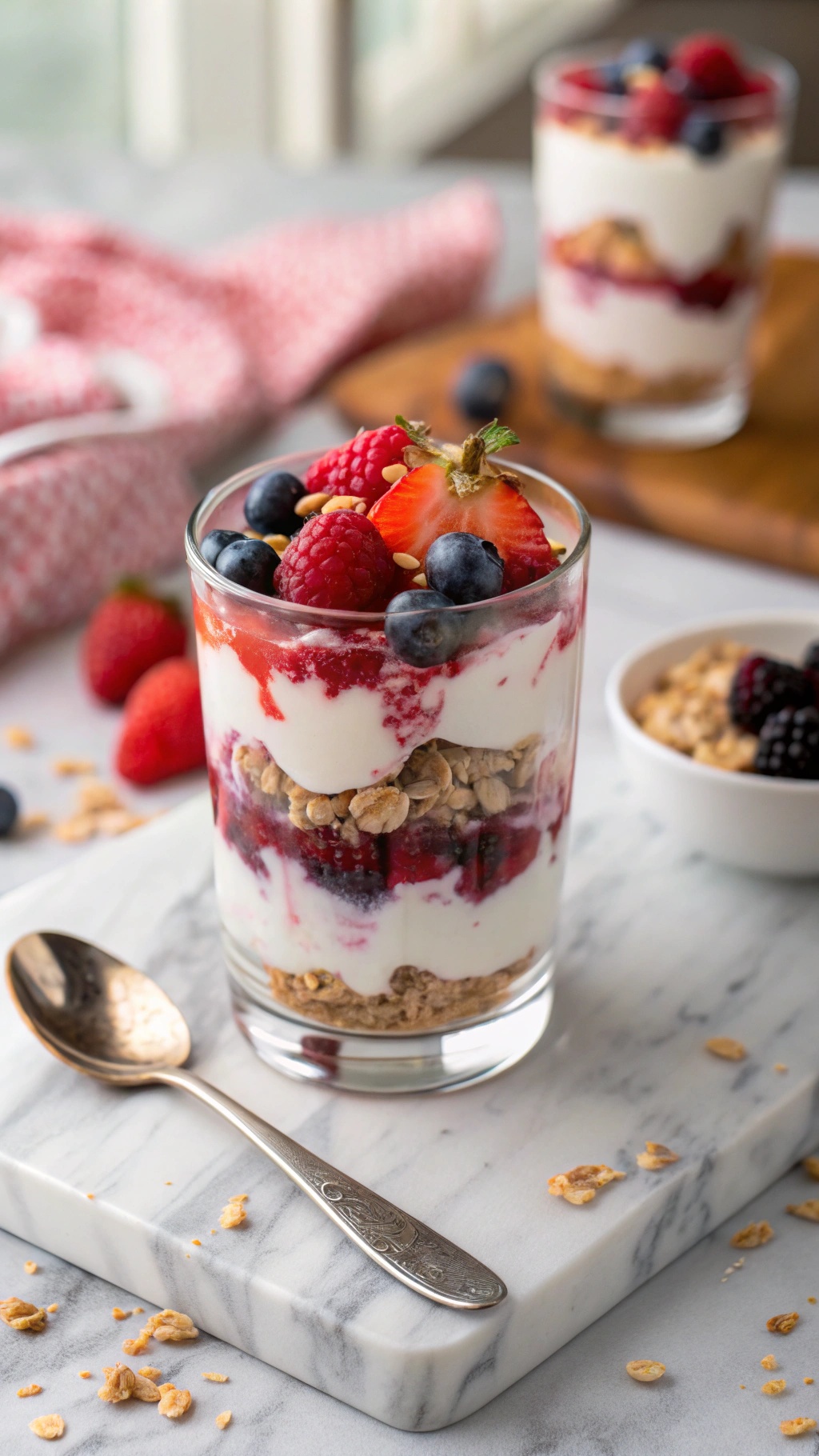 A delicious Greek yogurt parfait with layers of yogurt, berries, and granola in a glass.