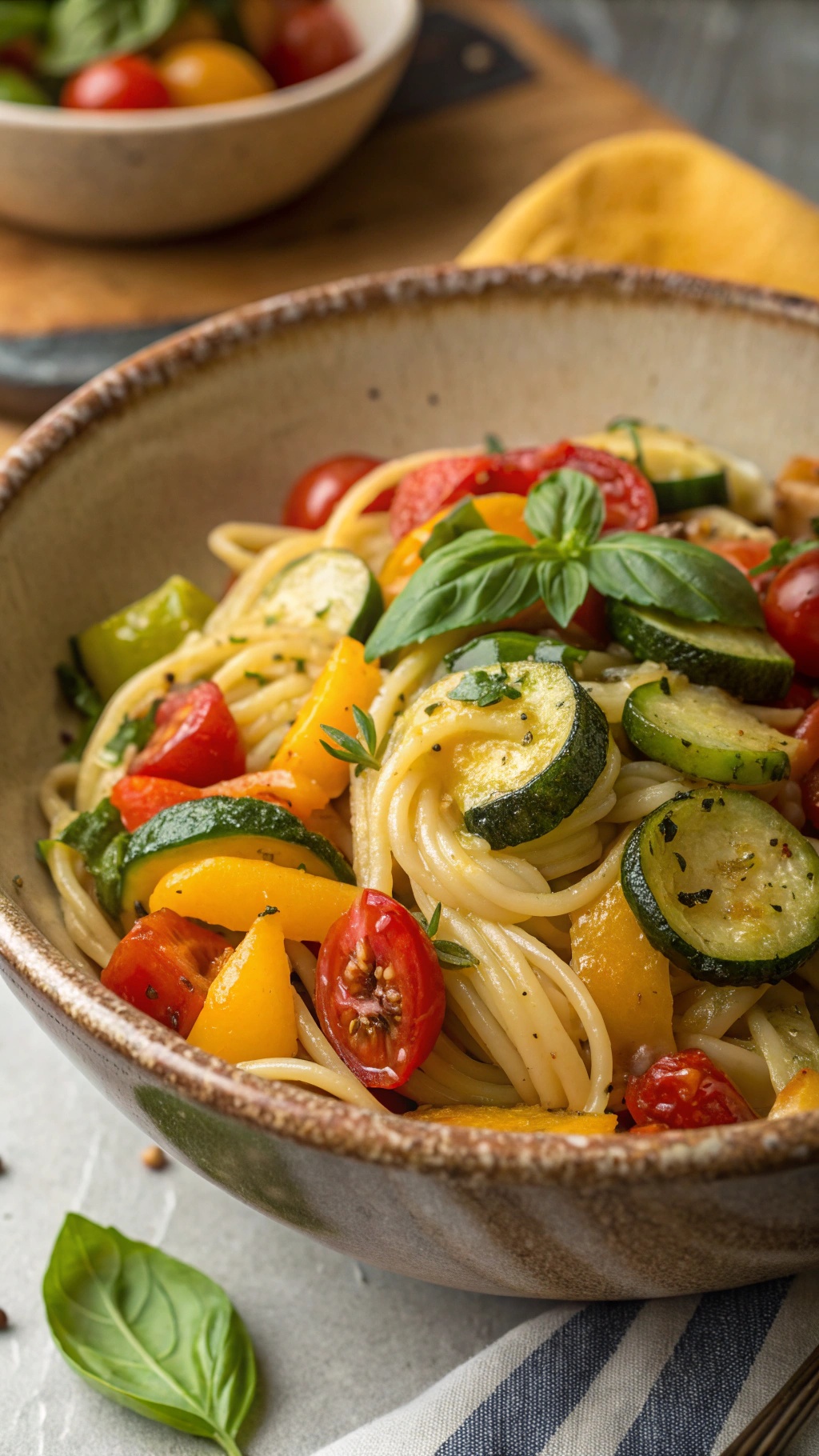 A bowl of colorful harvest vegetable pasta with zucchini, bell peppers, and cherry tomatoes topped with fresh basil.