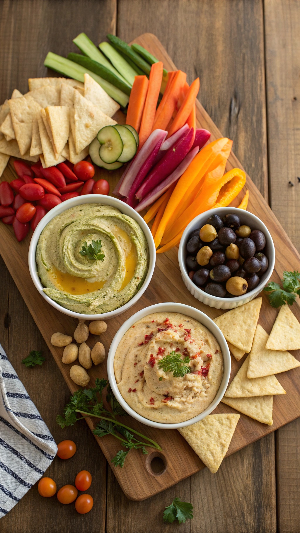 A wooden platter with three varieties of hummus, colorful fresh vegetables, and pita chips.