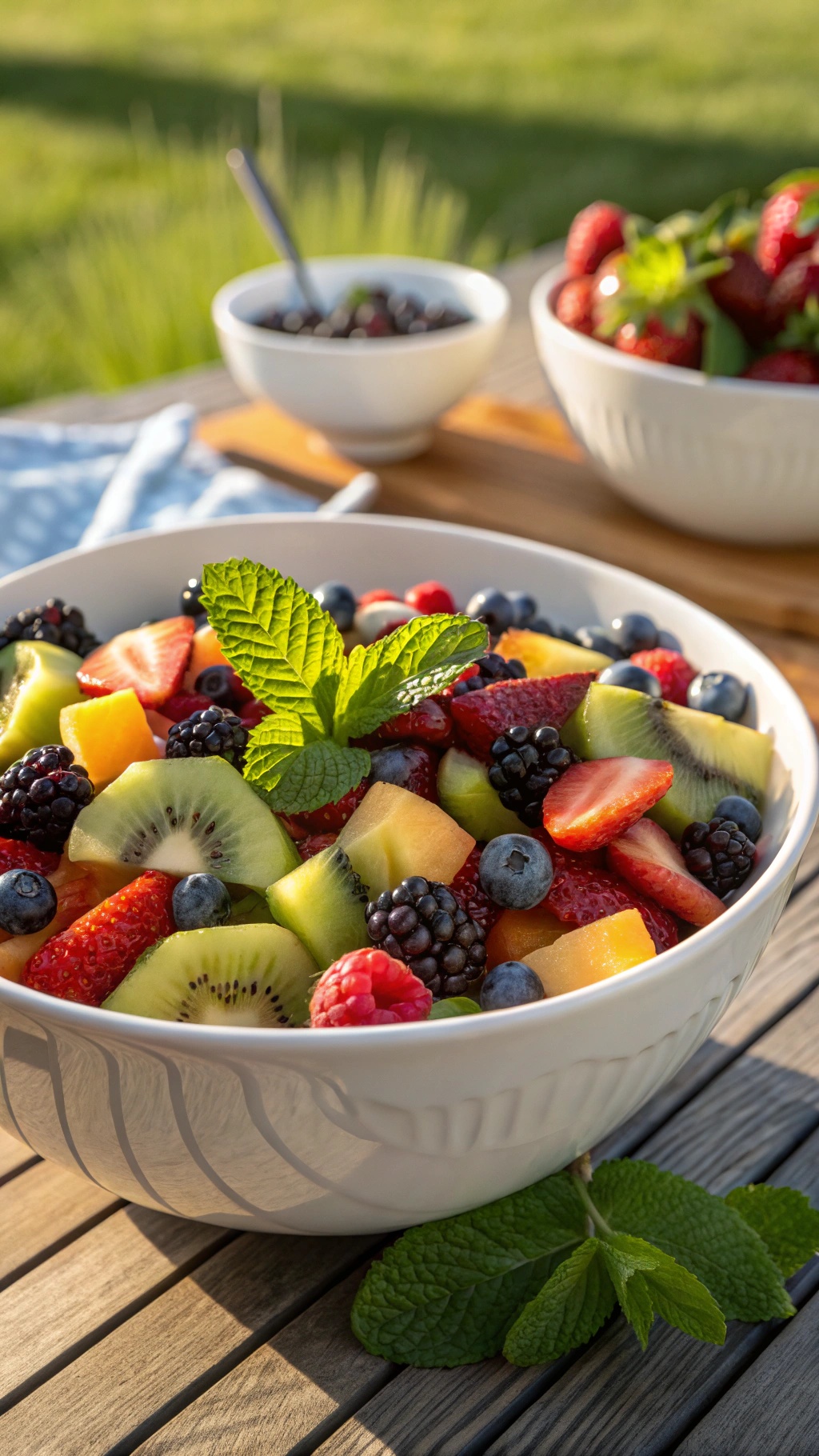 A colorful bowl of kiwi and berry salad with mint leaves on a wooden table.