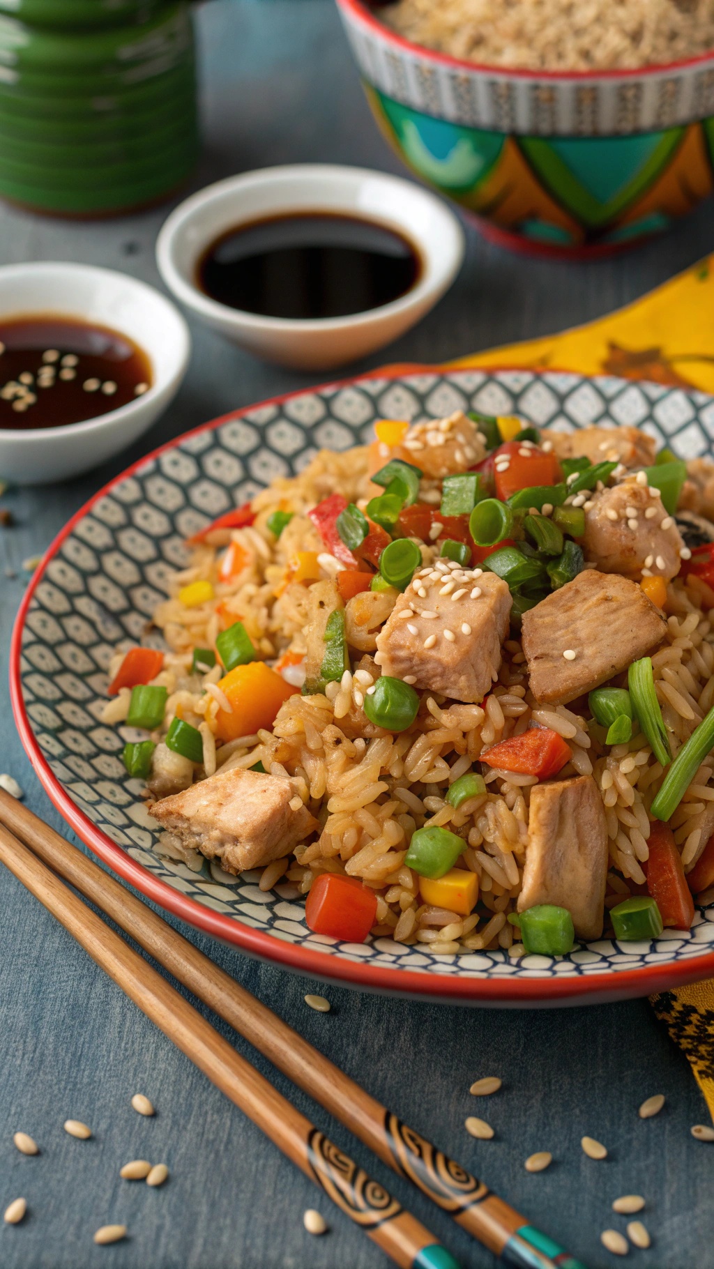 A bowl of colorful leftover turkey fried rice with vegetables and sesame seeds.