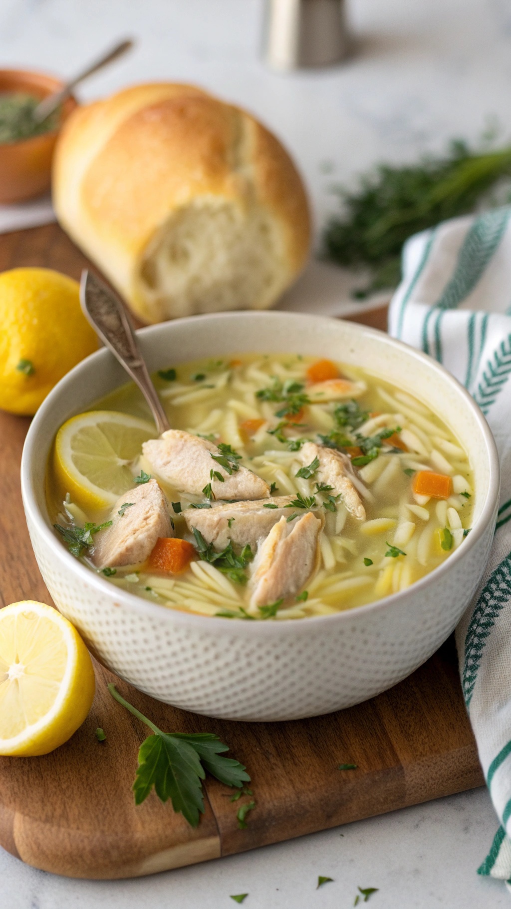 A bowl of lemon chicken orzo soup with fresh parsley and lemon slices, served with a slice of bread.