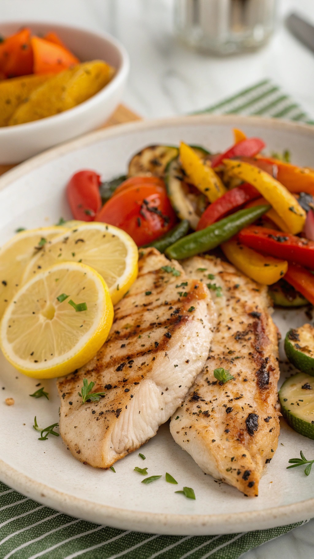 Grilled lemon pepper chicken served with vegetables and lemon slices