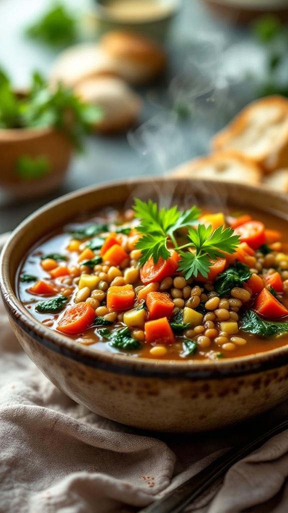 A warm bowl of Mediterranean lentil soup with carrots, spinach, and parsley on top.