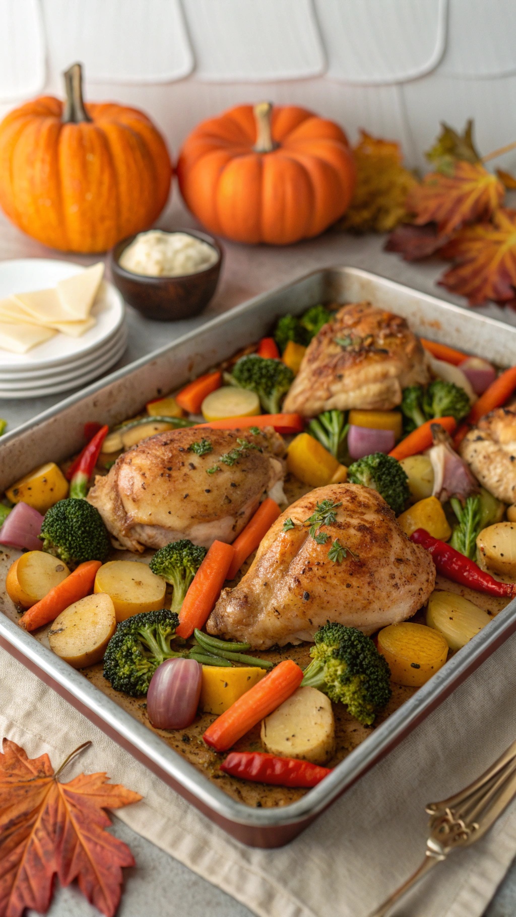 One-pan chicken and veggies bake with seasonal pumpkins in the background