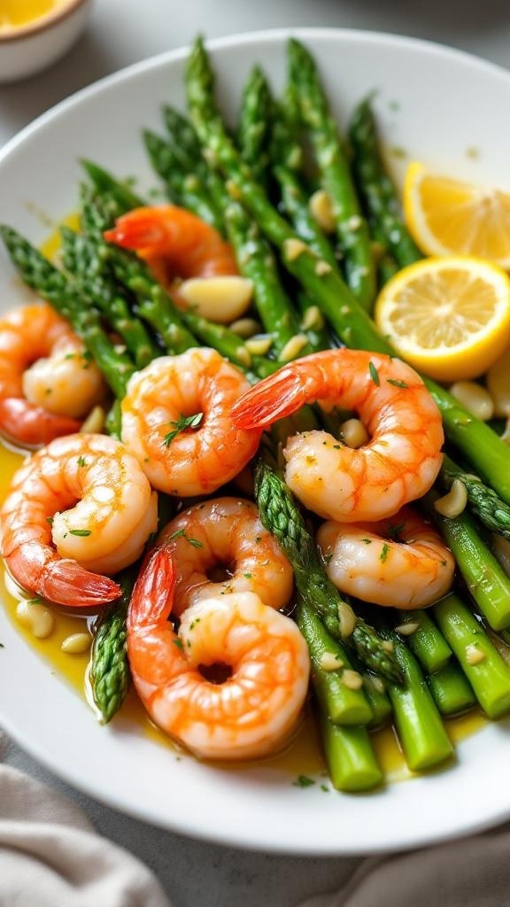 A plate of lemon garlic shrimp and asparagus, garnished with lemon slices and parsley.