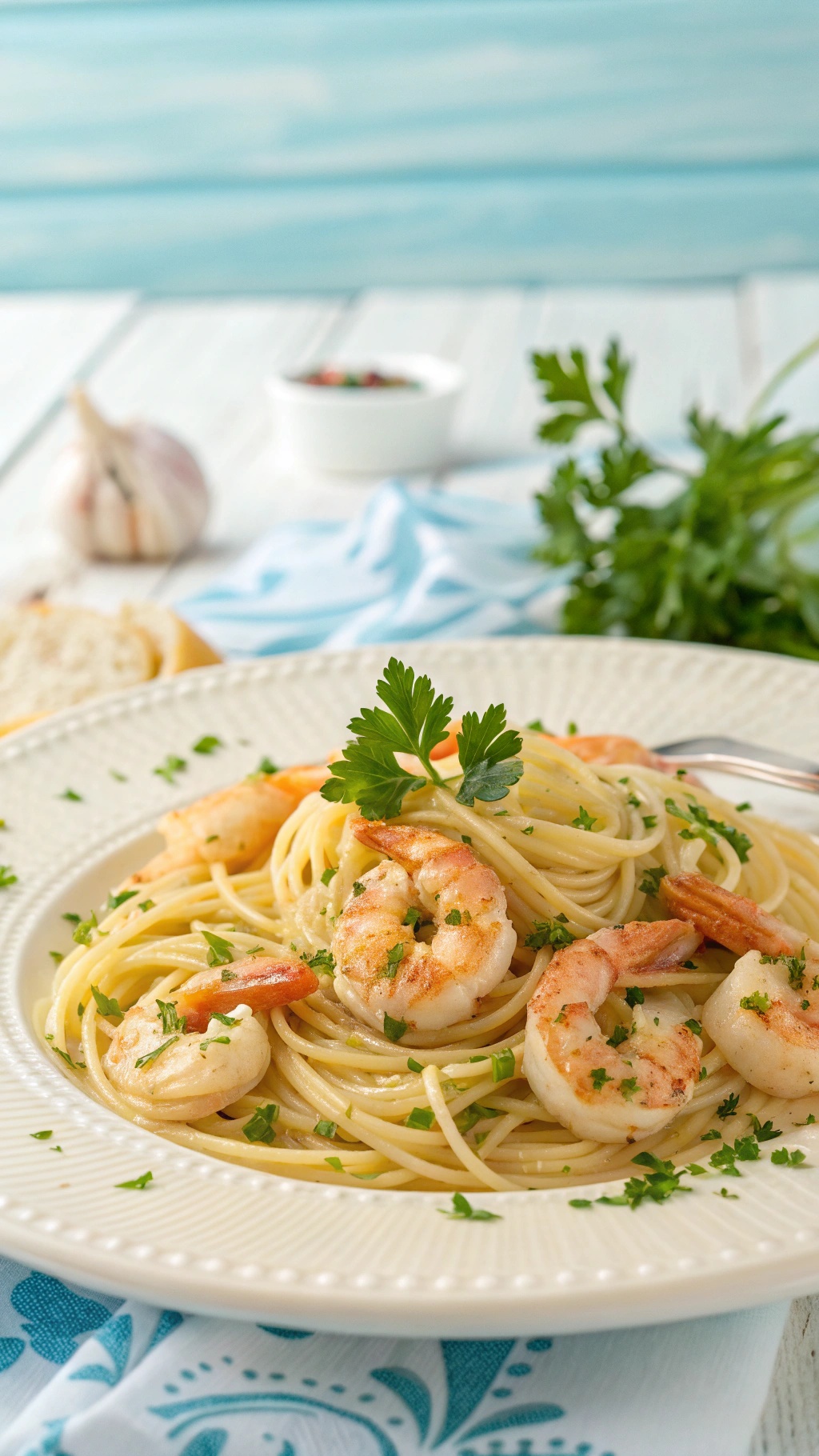 A plate of shrimp scampi spaghetti garnished with parsley, with garlic and bread in the background.
