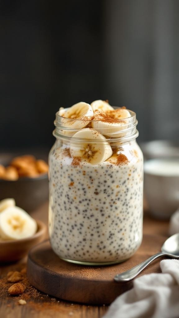 A jar of overnight oats topped with banana slices and cinnamon, placed on a wooden surface.
