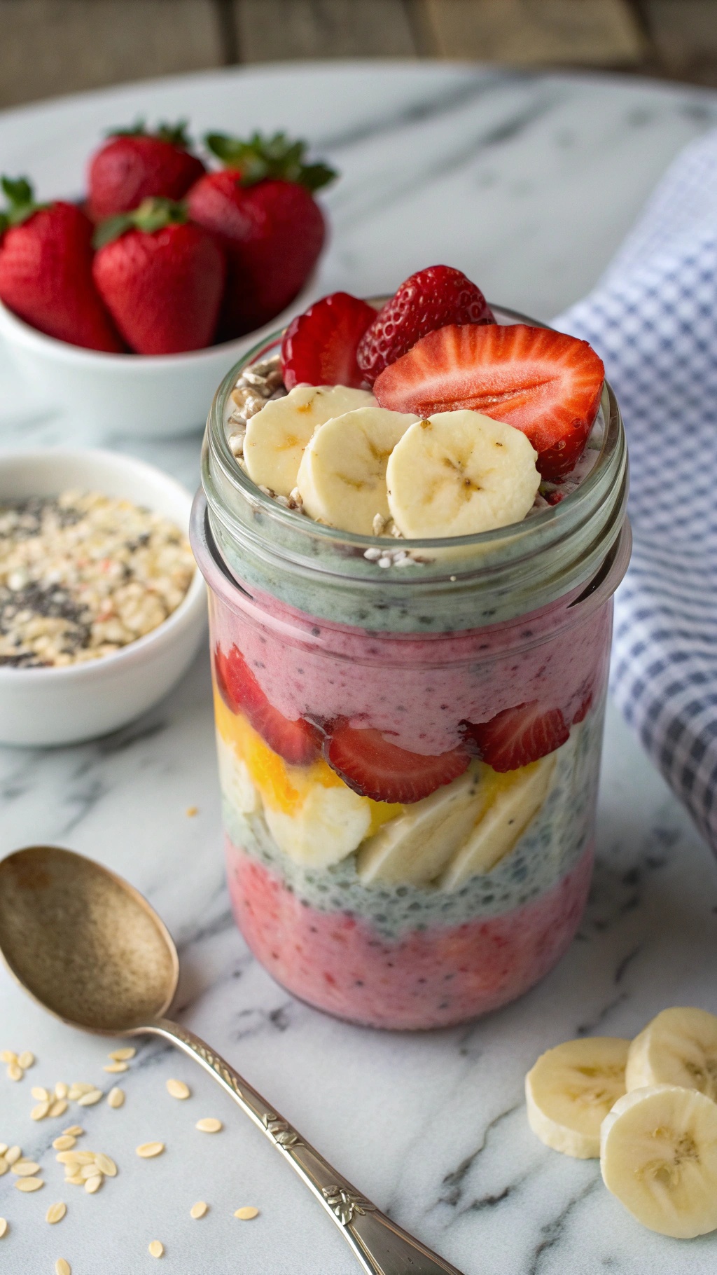 A colorful jar of overnight oats with layers of fruits and seeds.