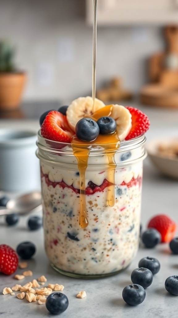 A jar of overnight oats topped with strawberries, bananas, and blueberries, with honey drizzling down.
