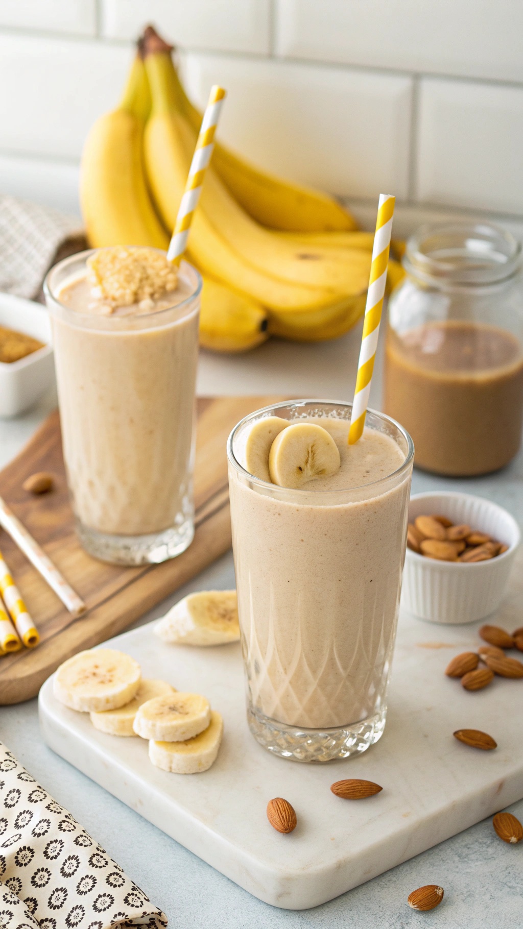 Two glasses of peanut butter banana smoothies with bananas and almonds in the background.