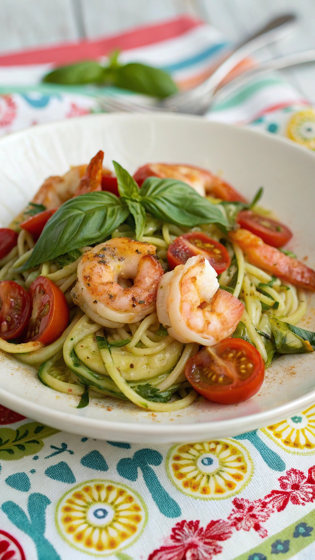 A bowl of shrimp and zucchini noodles garnished with basil and cherry tomatoes.