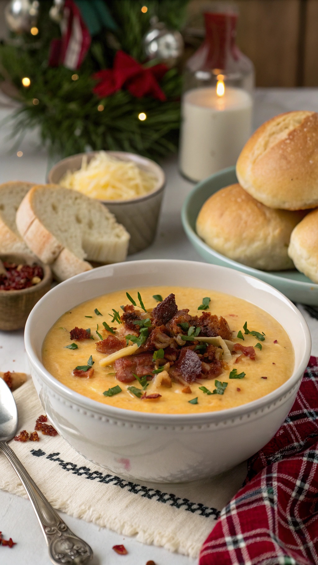 A bowl of creamy potato soup topped with bacon and herbs, surrounded by bread rolls and cheese.