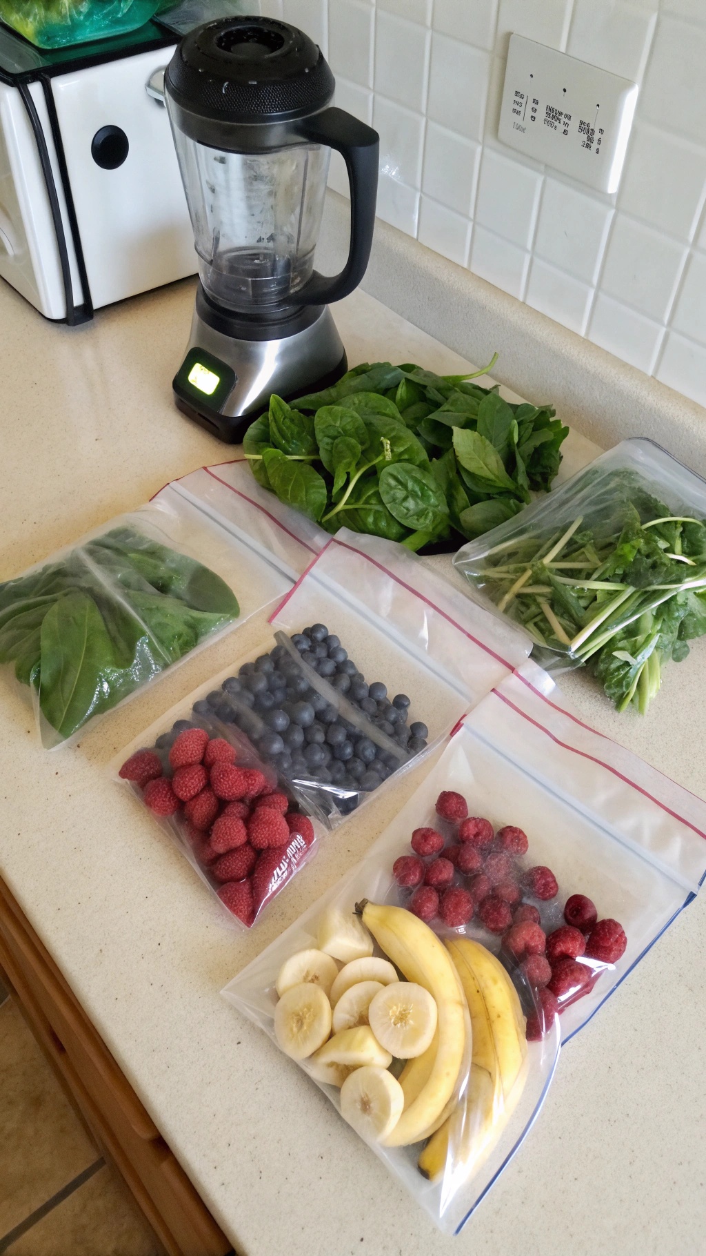 Smoothie packs with fruits and greens ready for blending.