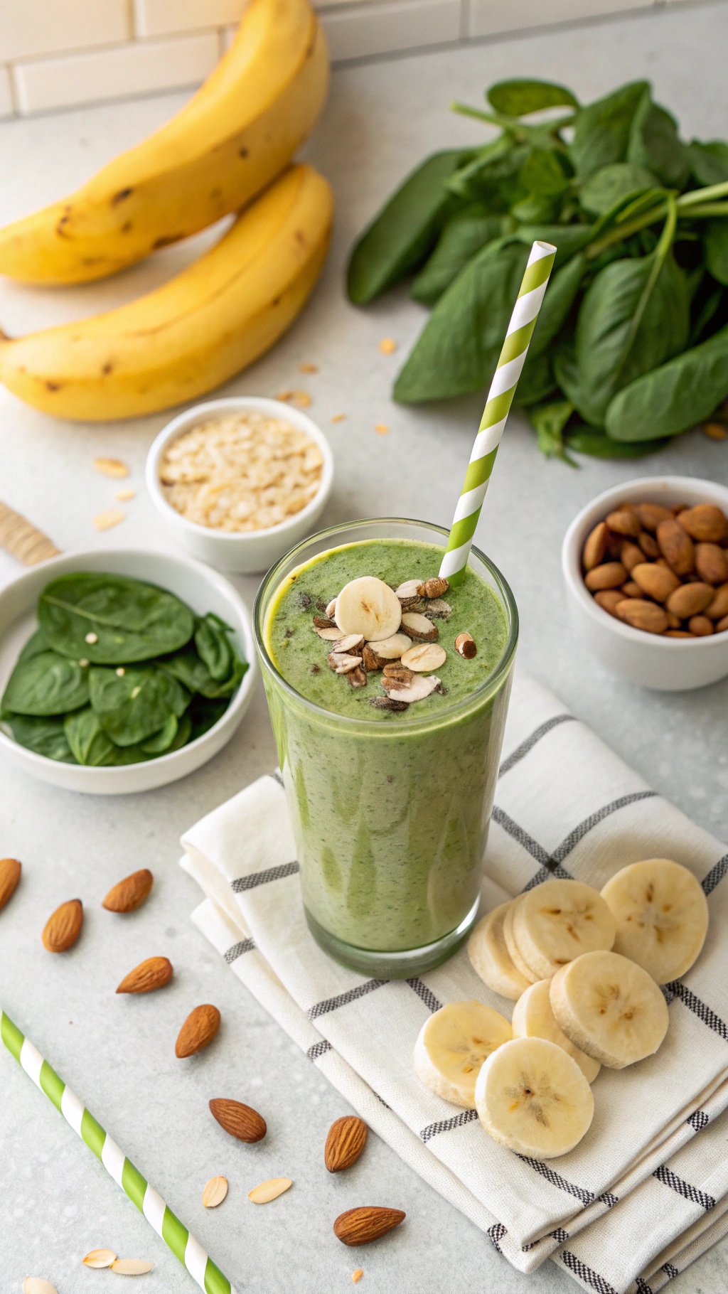 A green smoothie with bananas, spinach, and almonds, surrounded by ingredients on a kitchen counter.