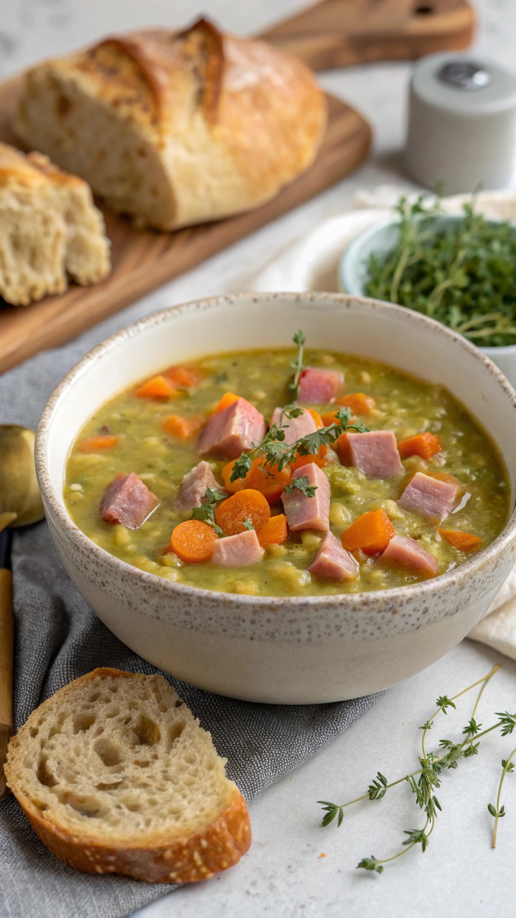 A bowl of split pea soup with ham, garnished with fresh herbs, alongside a slice of bread.