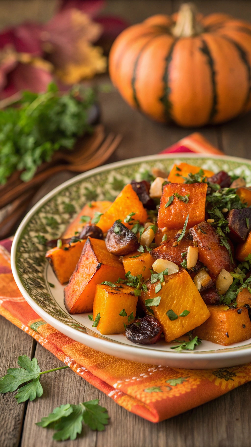 A colorful plate of roasted squash medley with herbs, set against a backdrop of autumn leaves and a pumpkin.
