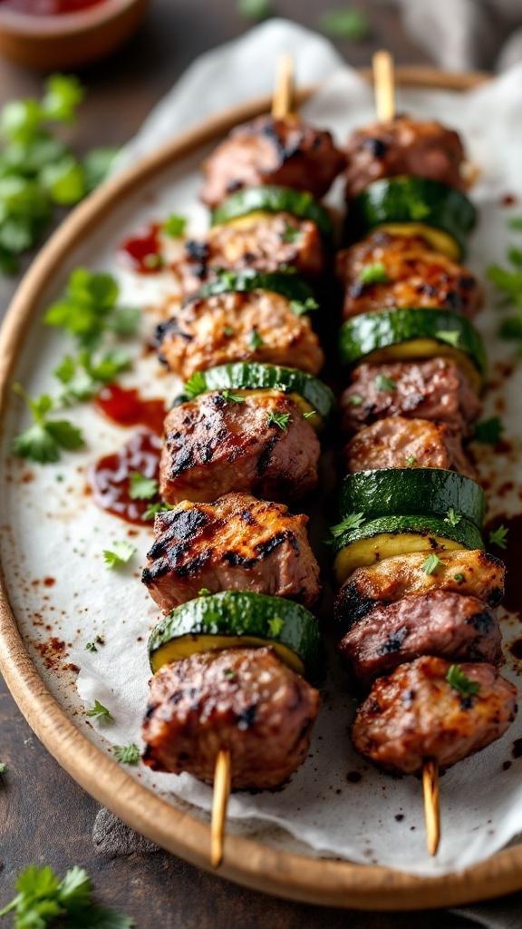 Steak and zucchini skewers on a wooden plate with herbs and sauce