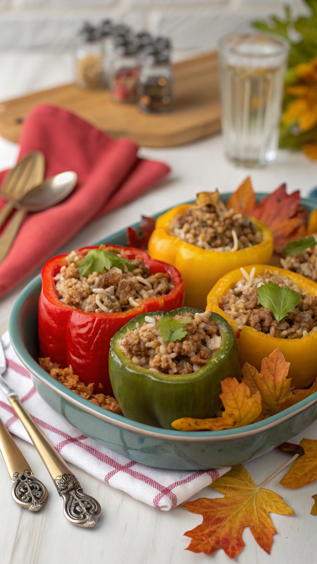 Stuffed bell peppers filled with ground turkey and rice, garnished with herbs, served in a colorful dish.