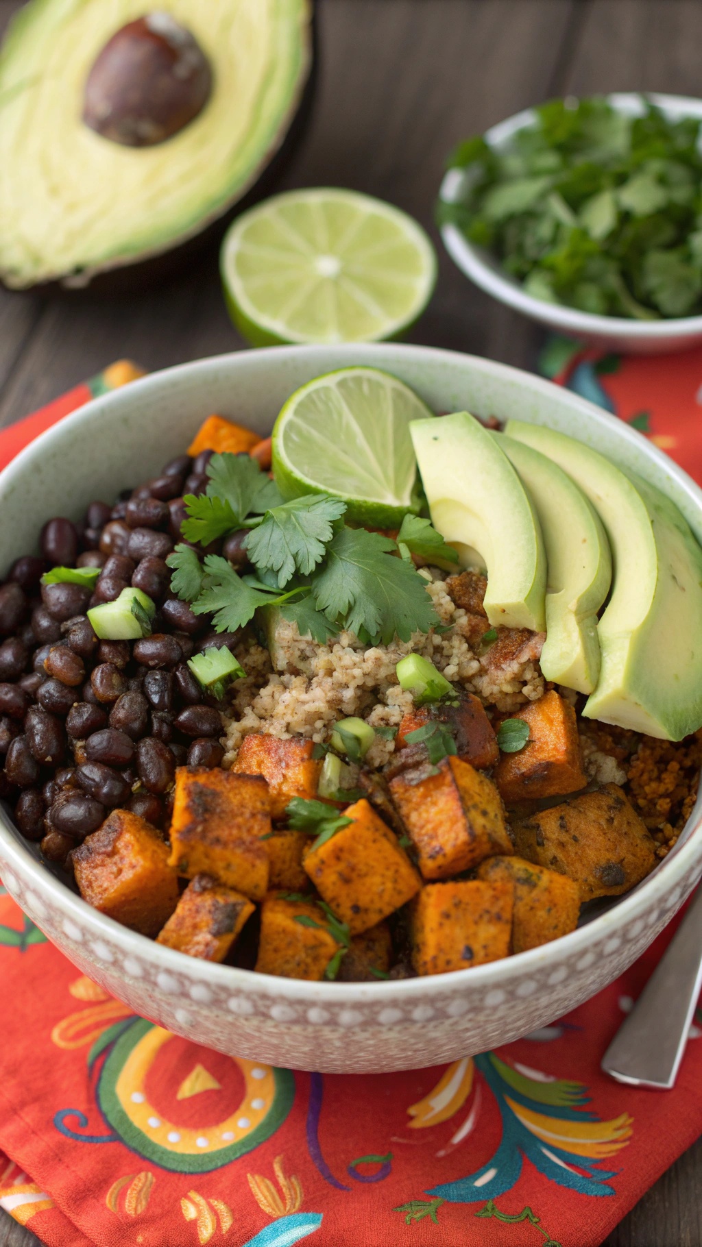 A colorful Sweet Potato and Black Bean Bowl with avocado, lime, and cilantro.