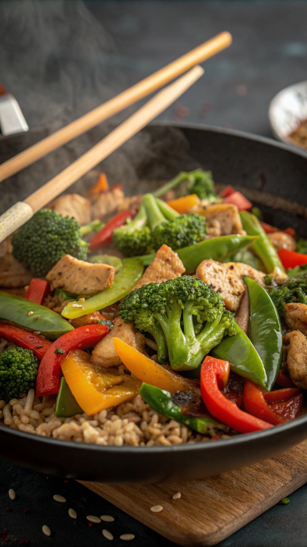 A colorful turkey and vegetable stir-fry in a skillet, featuring broccoli, bell peppers, and snap peas.