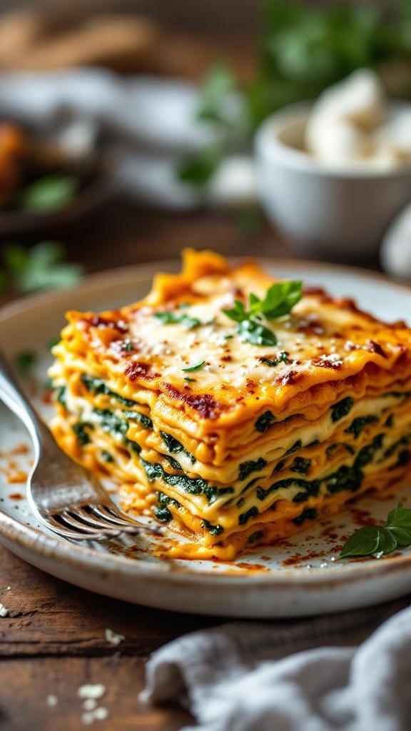 A delicious serving of vegan butternut squash lasagna with layers of pasta, spinach, and creamy sauce.