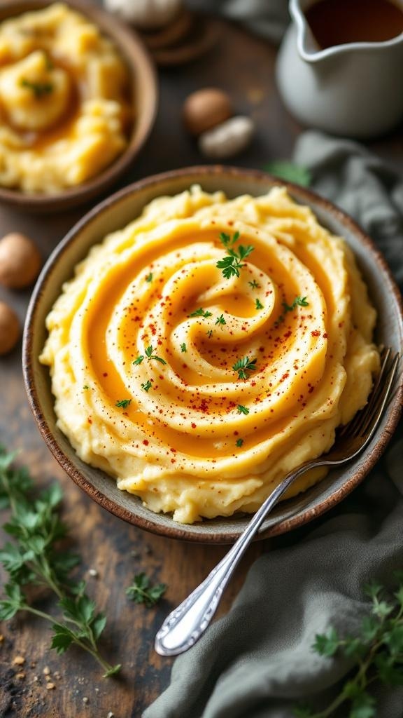 A bowl of creamy vegan mashed potatoes garnished with herbs and paprika.