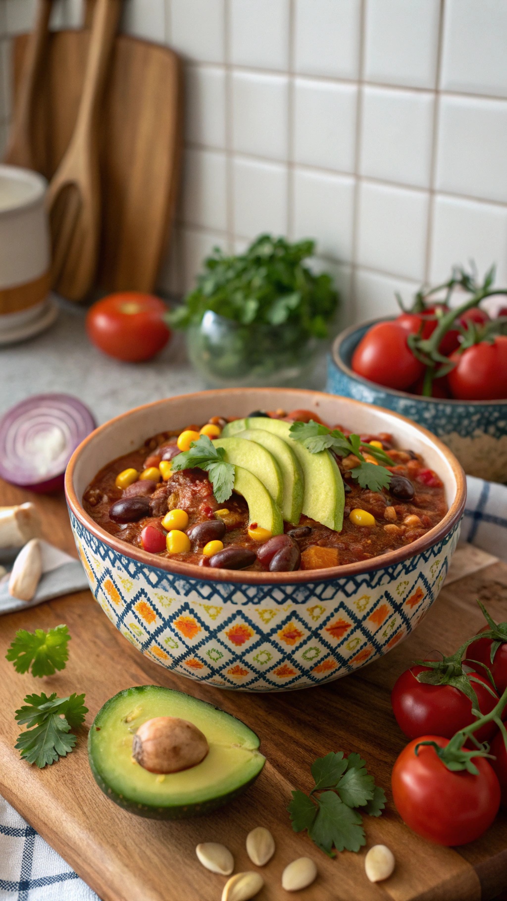 A bowl of vegetarian chili topped with avocado slices and cilantro, surrounded by fresh ingredients.