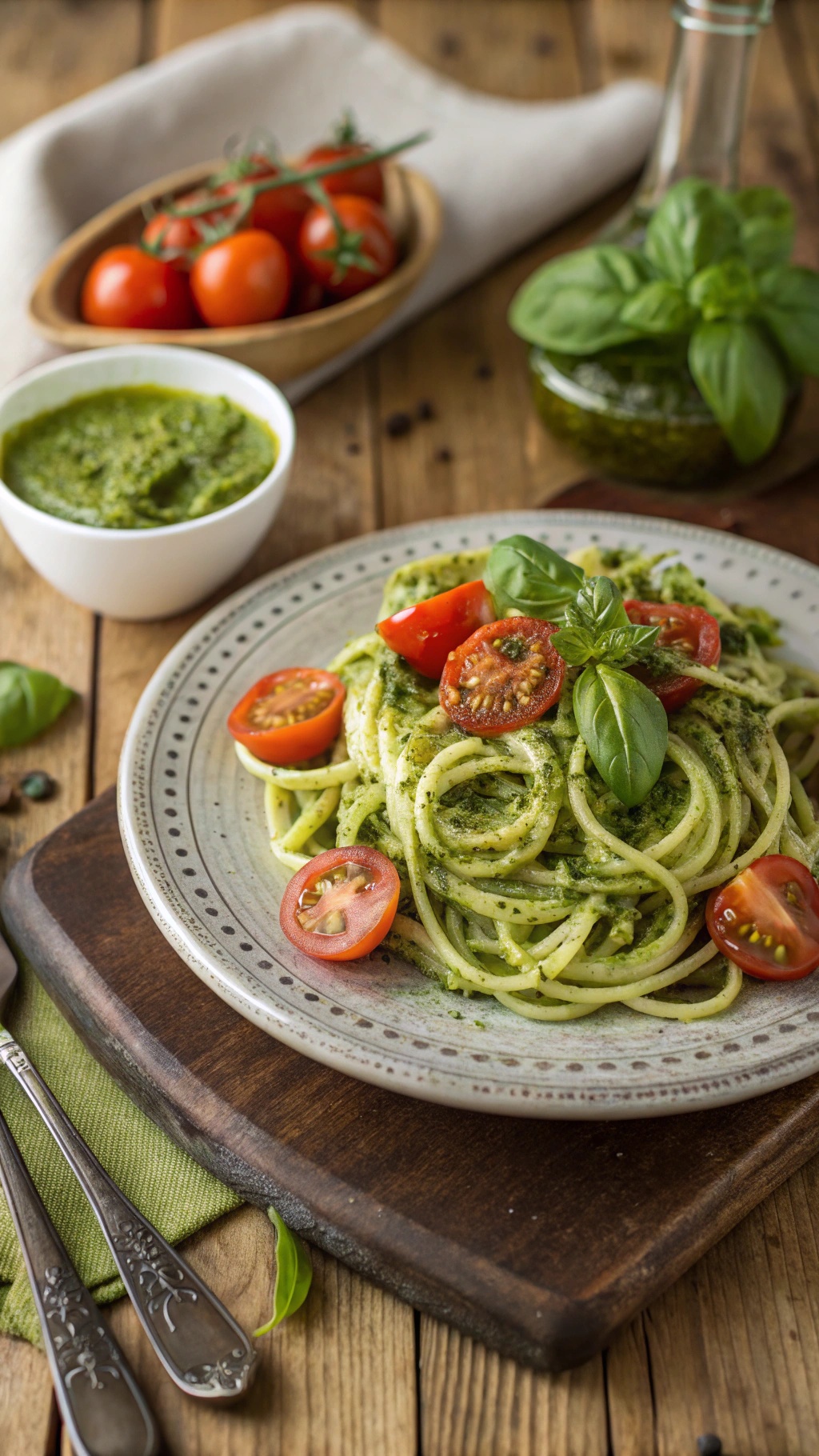 A plate of zucchini noodles topped with pesto sauce and cherry tomatoes, garnished with fresh basil.