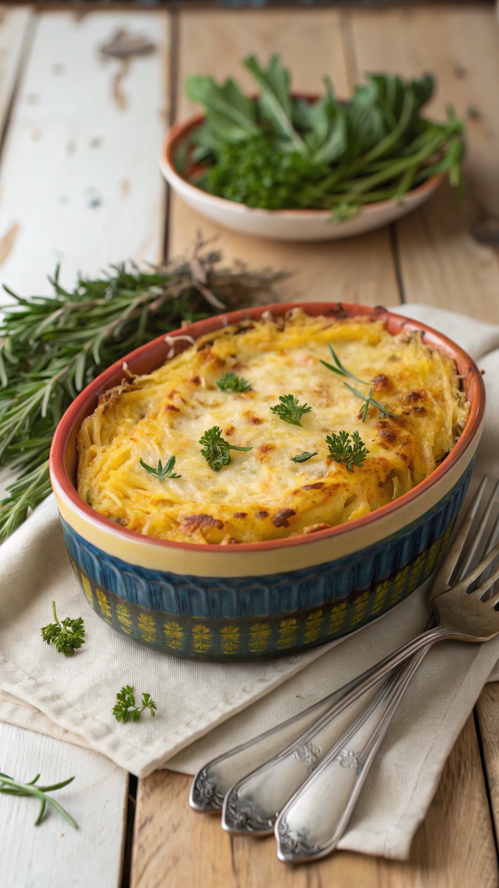 A cheesy spaghetti squash casserole garnished with herbs, served in a colorful dish.