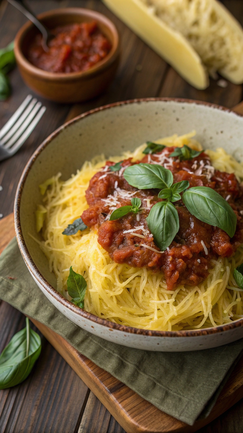 A bowl of spaghetti squash topped with marinara sauce and fresh basil leaves.