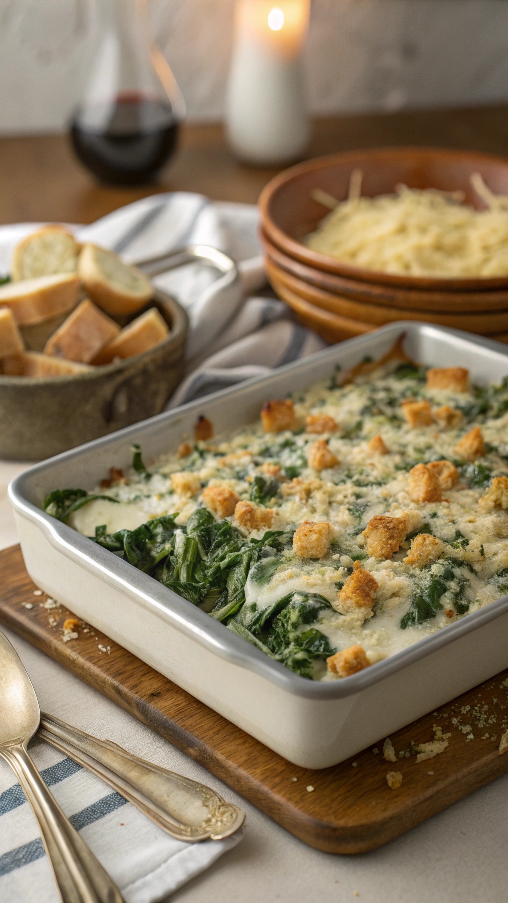A creamy spinach and artichoke bake in a white dish, topped with golden bread crumbs, served with sliced bread and cheese in the background.