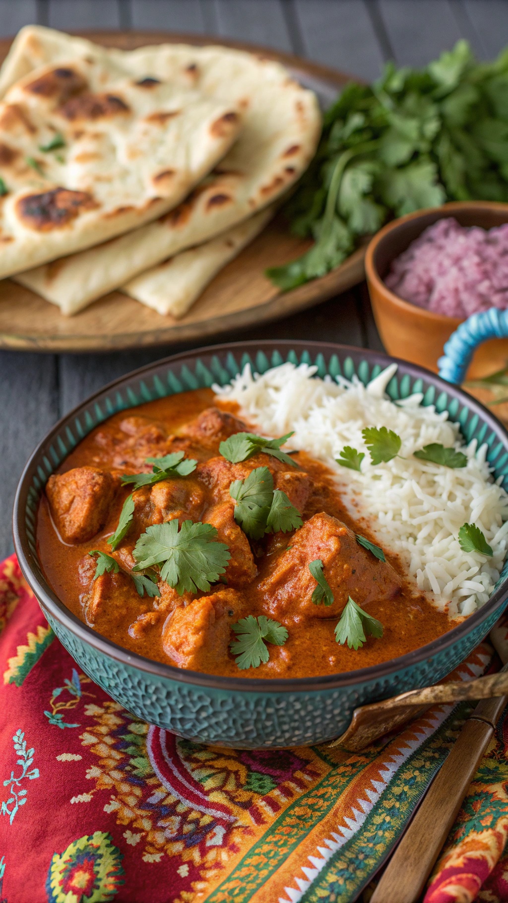 A bowl of Chicken Tikka Masala with rice and naan, garnished with cilantro.