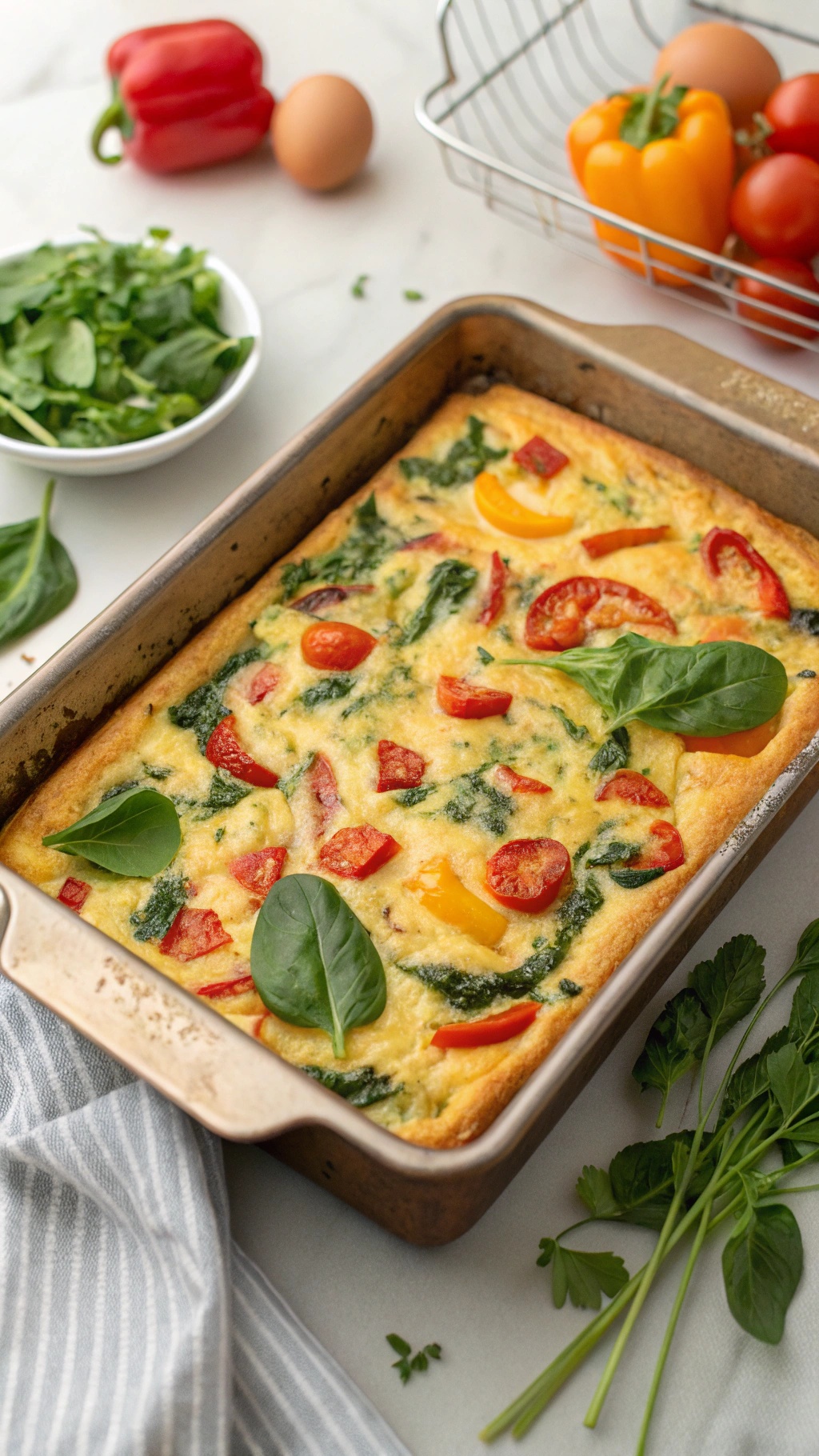 A sheet pan egg bake with spinach, bell peppers, and tomatoes, ready to be served.